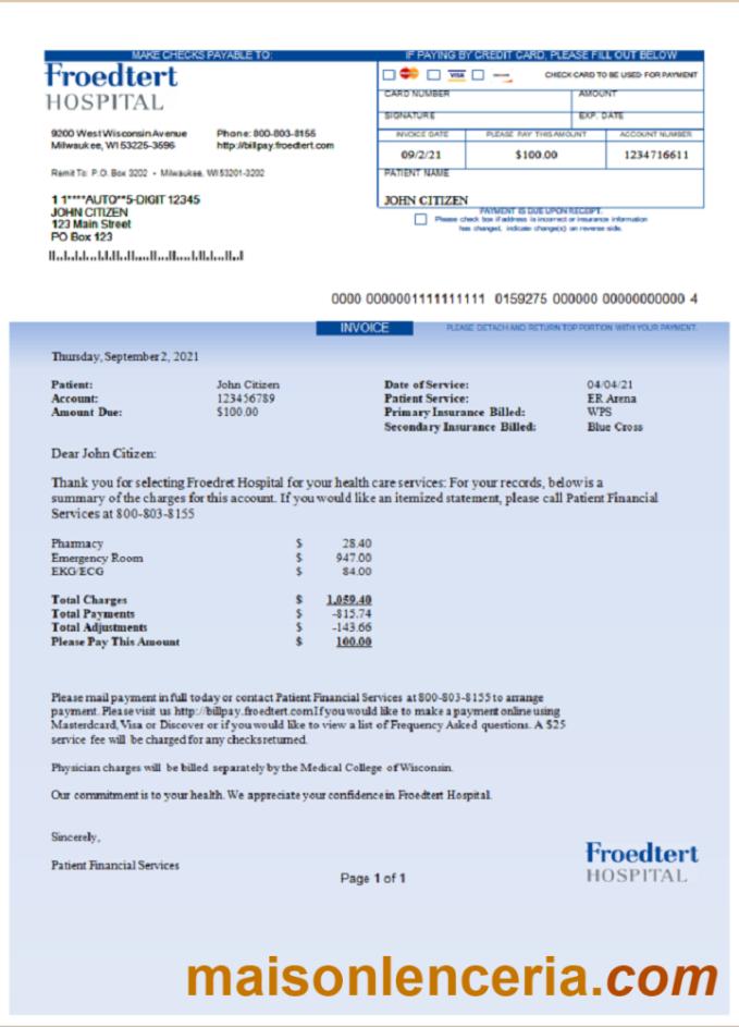 USA Froedtert Szpital faktura słowo i PDF szablon